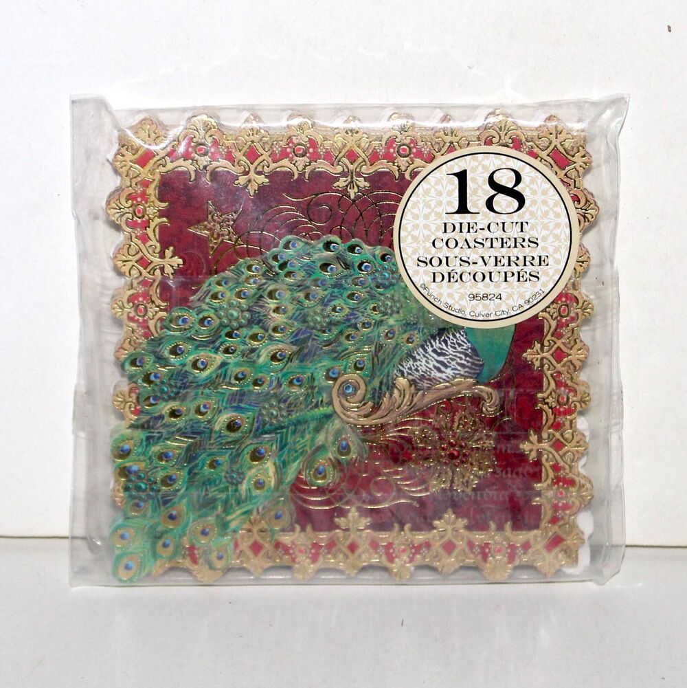 Set 18 Coasters Punch Studio Peacock red gold square party paper 4"